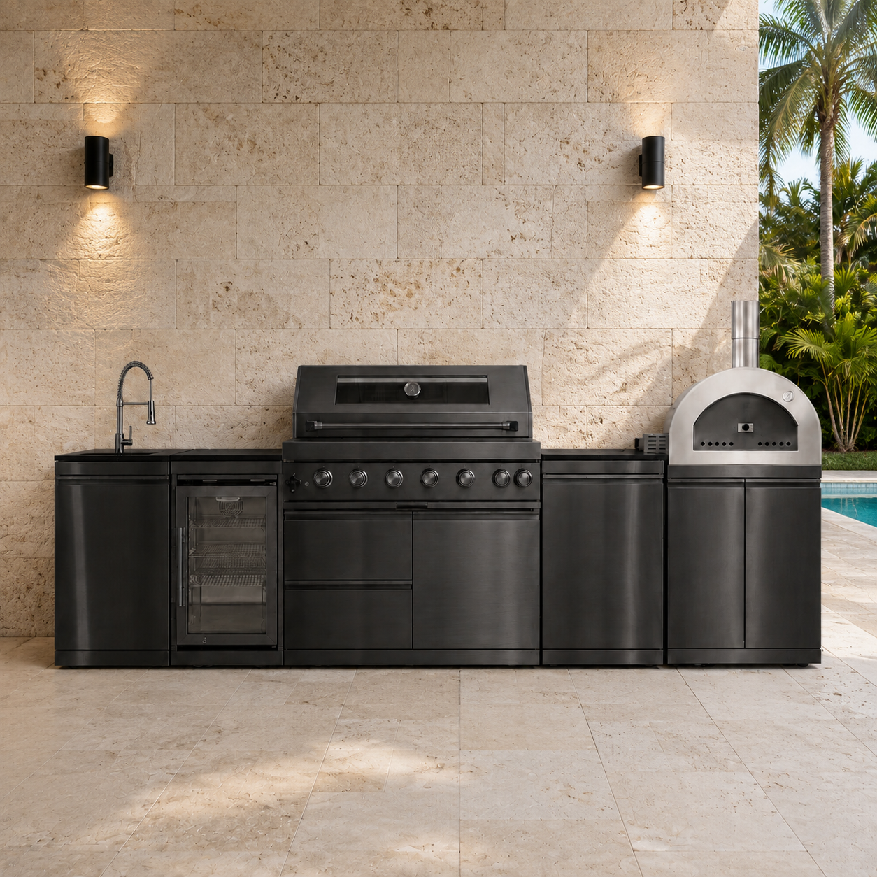 127.5" Black Stainless Steel Outdoor Kitchen with 43" Grill - Pizza Oven - Sink - Refrigerator - Cabinet