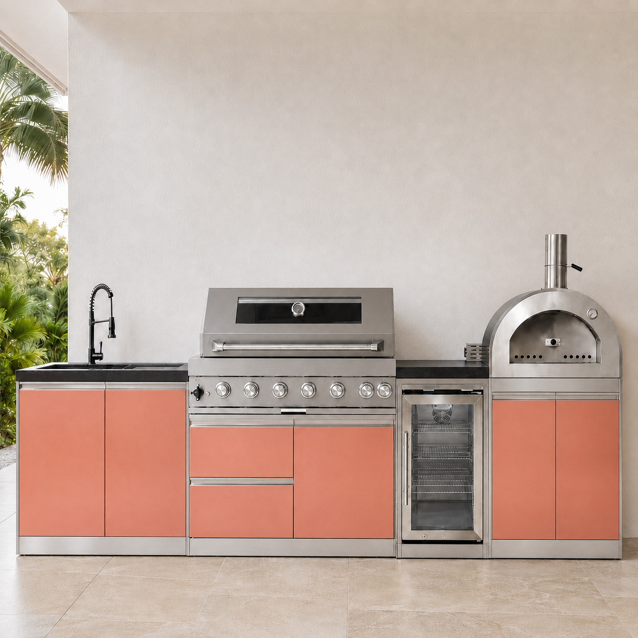121" Designer Series Stainless Steel Outdoor Kitchen with 43" Grill - Refrigerator - Sink - Pizza Oven