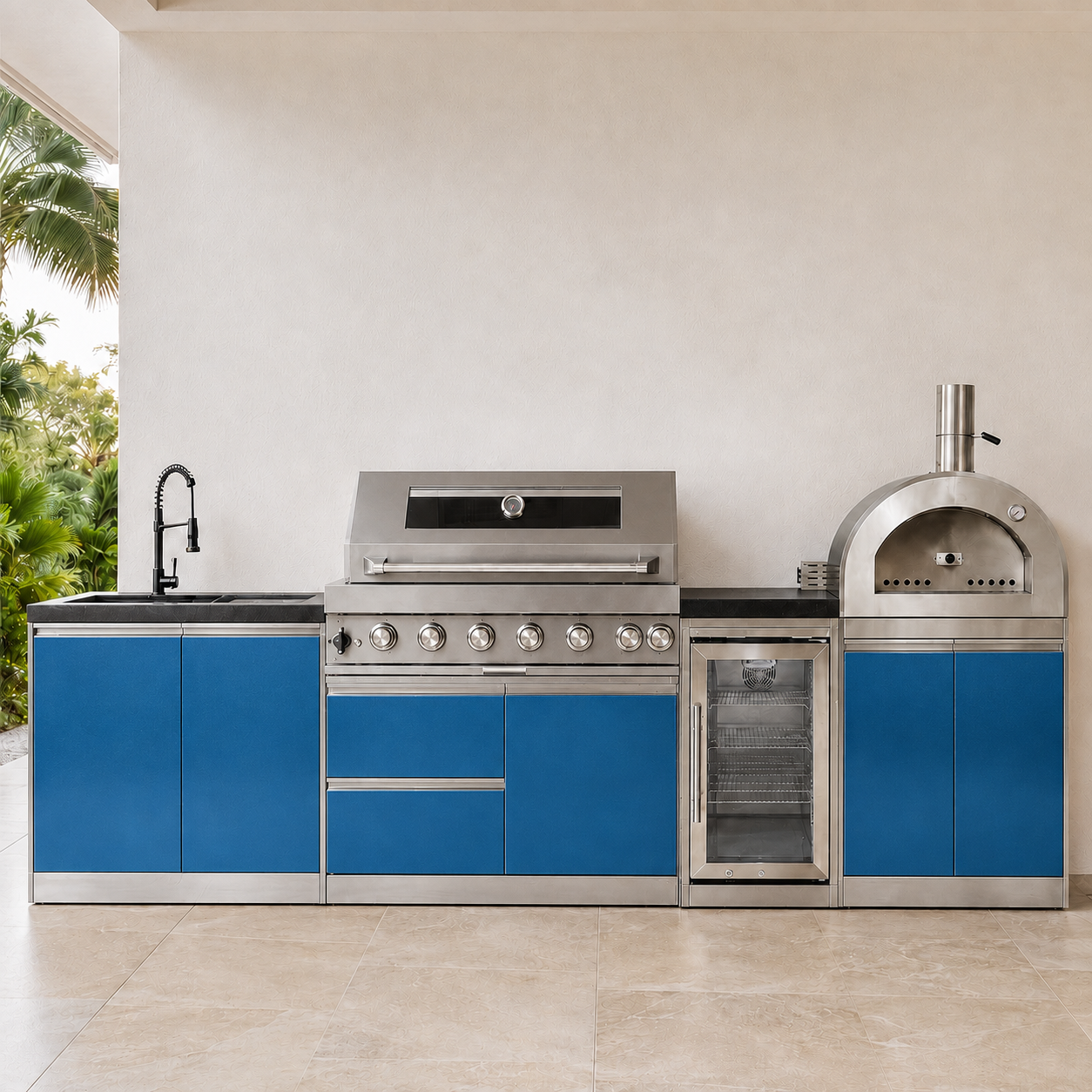 121" Designer Series Stainless Steel Outdoor Kitchen with 43" Grill - Refrigerator - Sink - Pizza Oven