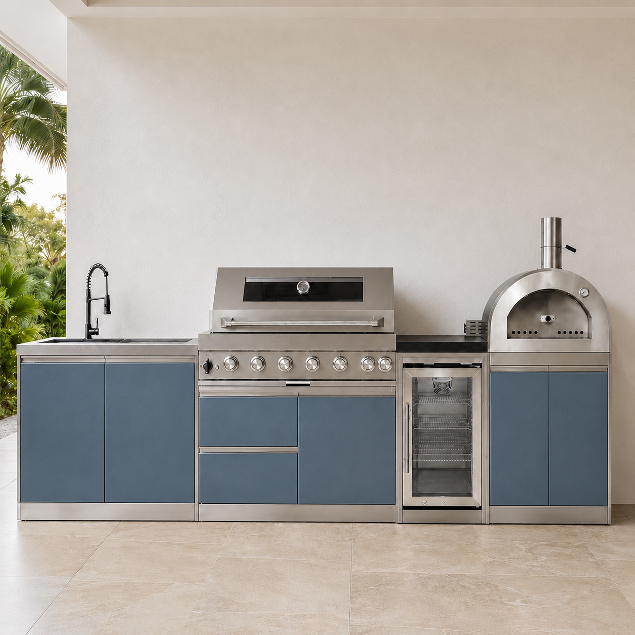 121" Designer Series Stainless Steel Outdoor Kitchen with 43" Grill - Refrigerator - Sink - Pizza Oven