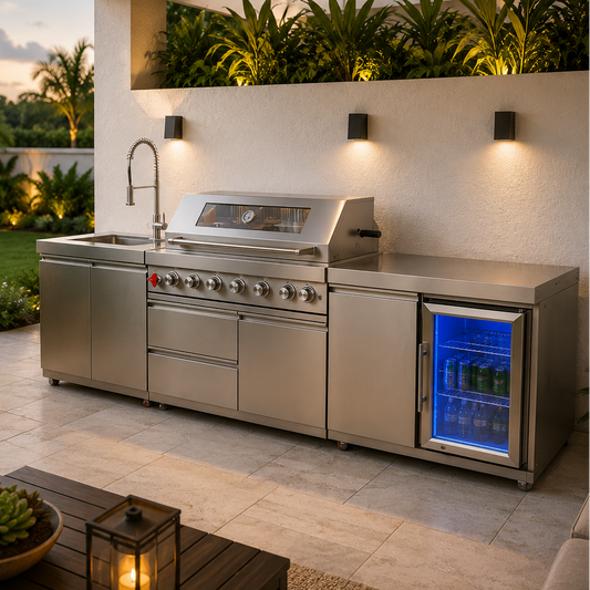 Stainless Steel Outdoor Modular Kitchen with Single Refrigerator, Sink, Storage Cabinet Grill 100.5"