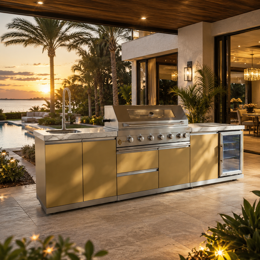 103 in. Designer Series Stainless Steel Outdoor Modular Kitchen with Single Refrigerator, Sink, Storage Cabinet Grill