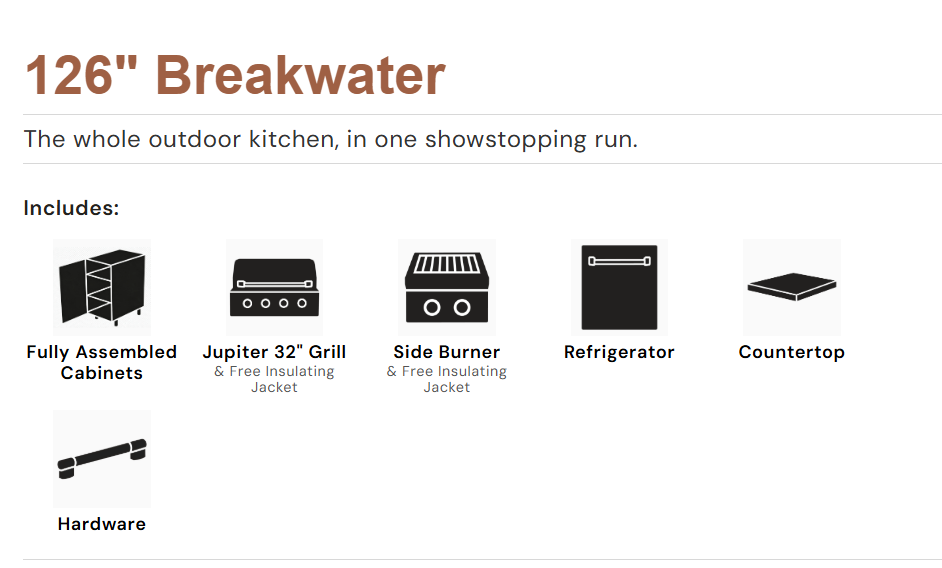 WeatherStrong 126" Breakwater HDPE Outdoor Kitchen Island with Grill, Side Burner & Refrigerator