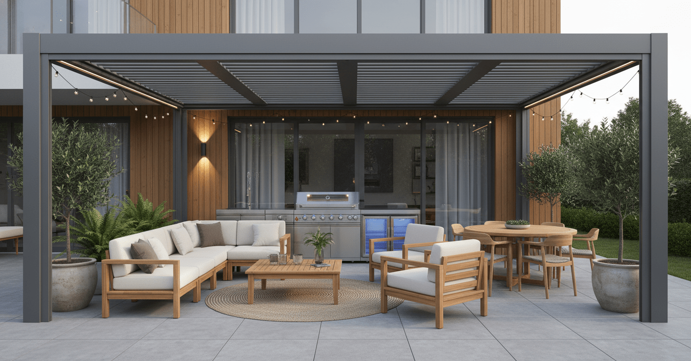 Aluminum Pergola Kit Patio Cover with Motorized Louvered Roof - Luxury Model - Sunzout Outdoor Spaces LLC