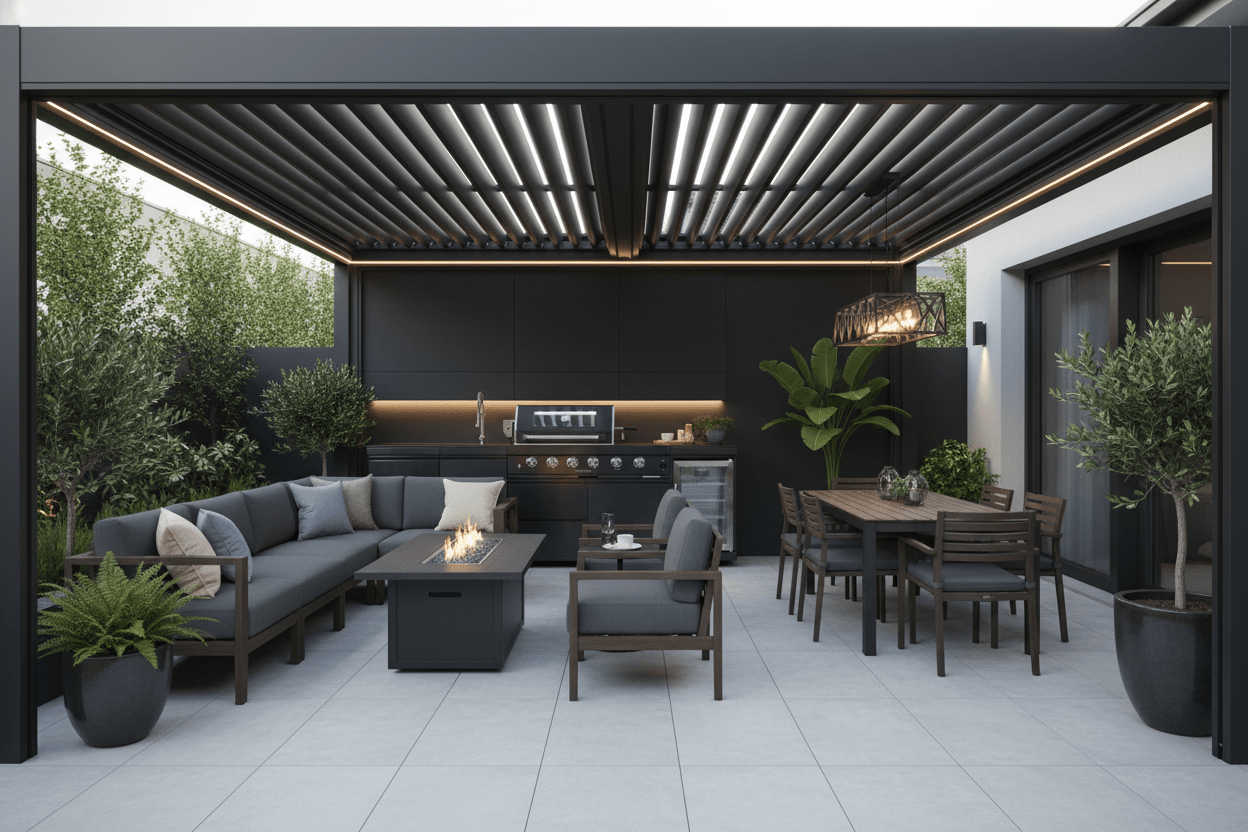 Aluminum Pergola Kit Patio Cover with Motorized Louvered Roof - Luxury Model - Sunzout Outdoor Spaces LLC