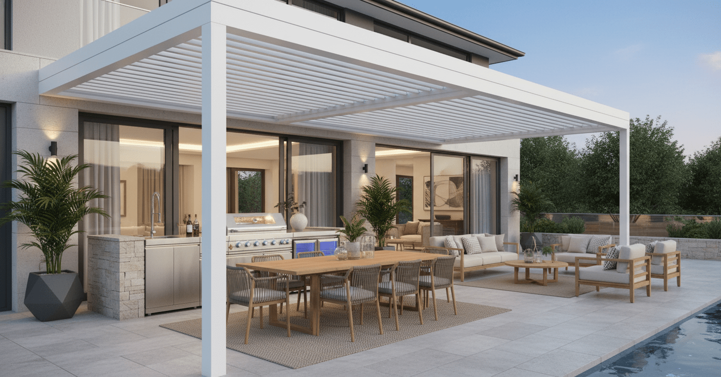 Aluminum Pergola Kit Patio Cover with Motorized Louvered Roof - Luxury Model - Sunzout Outdoor Spaces LLC