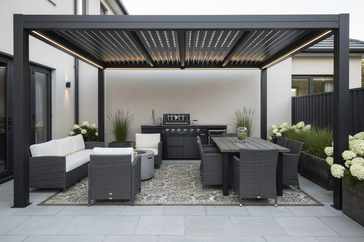 Aluminum Pergola Kit Patio Cover with Motorized Louvered Roof - Luxury Model - Sunzout Outdoor Spaces LLC