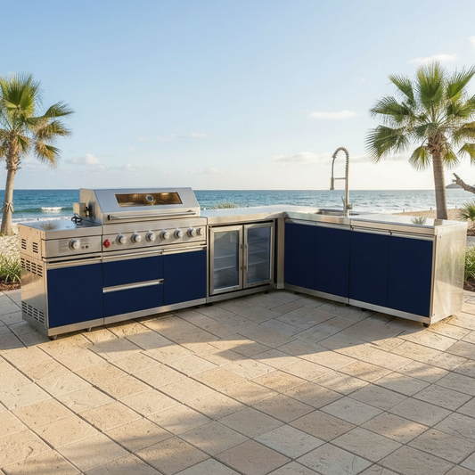 Sunzout Designer Series L-shaped stainless steel modular outdoor kitchen with premium appliances and custom finishes