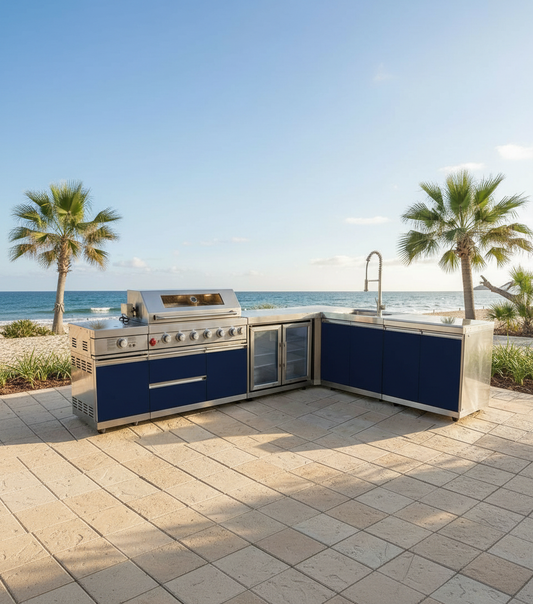 Sunzout Designer Series L Shaped SS Steel Outdoor Modular Kitchen with Grill, Side Burner, Sink, Double Fridge and Storage