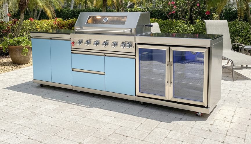 Designer Series Outdoor Kitchen Modular - 5 Burner Grill, Rotisserie, Double Refrigerator