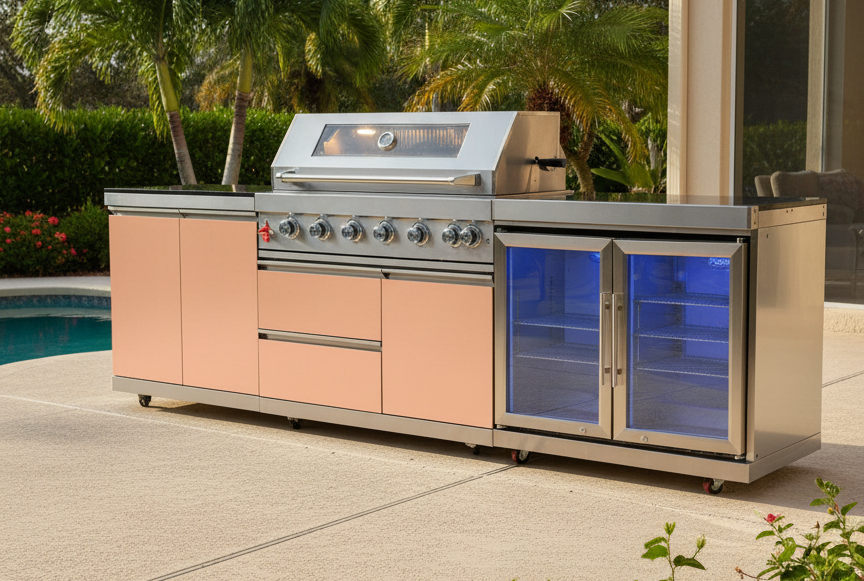 Designer Series Outdoor Kitchen Modular - 5 Burner Grill, Rotisserie, Double Refrigerator