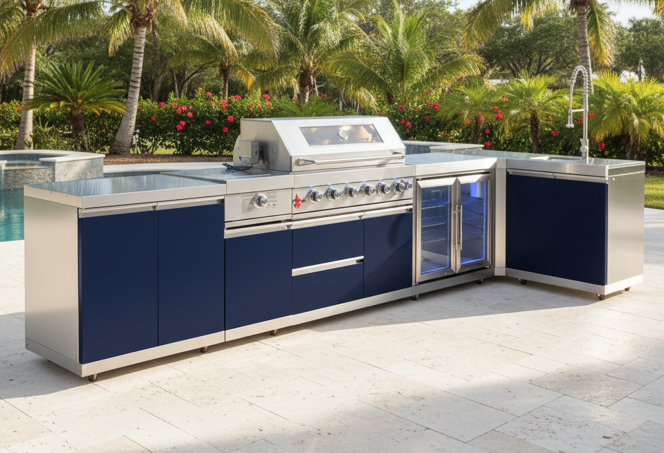 Designer Series Modular Outdoor Kitchen with Grill, Side Burner, Double Refrigerator and Sink
