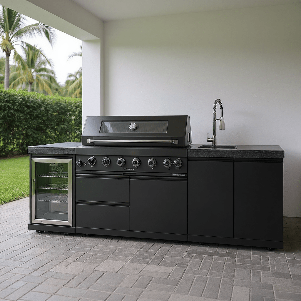 BLACK 96 Inch Sunzout 304 Stainless Steel Modular Outdoor Kitchen with 43 inch GRILL, Sink and Outdoor Refrigerator - Sunzout Outdoor Spaces LLC