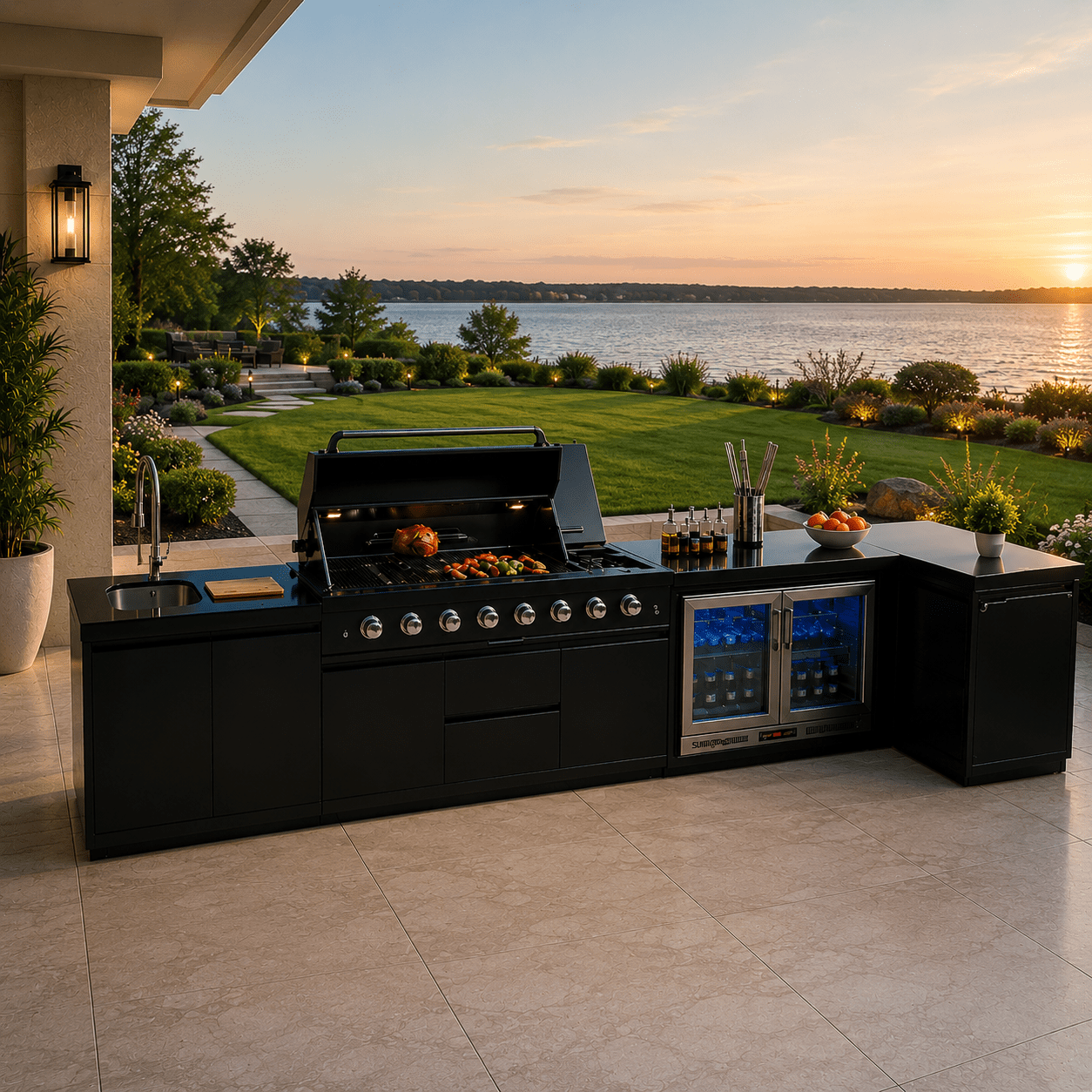 black L Shaped Sunzout Steel Modular Outdoor Kitchen with 43 in grill, Side Burner, Sink, Double Refrigerator and Storage Drawers - Sunzout Outdoor Spaces LLC