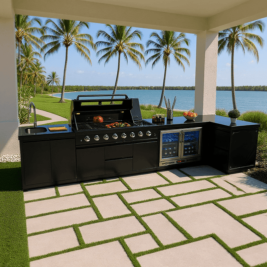 black L Shaped Sunzout Steel Modular Outdoor Kitchen with 43 in grill, Side Burner, Sink, Double Refrigerator and Storage Drawers - Sunzout Outdoor Spaces LLC