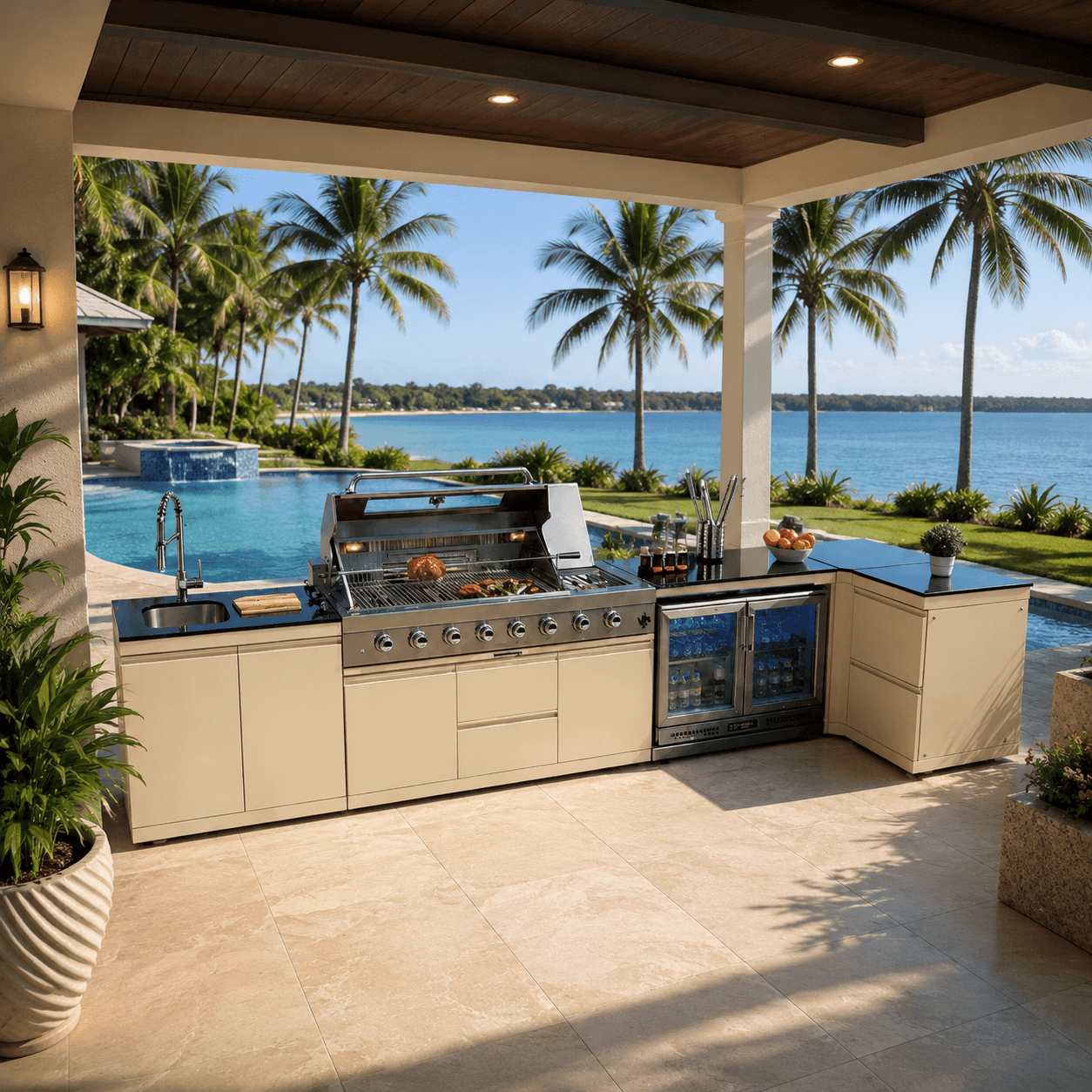 Coastal Vibes Collection L Shaped Sunzout Steel Modular Outdoor Kitchen with 43 in grill, Side Burner, Sink, Double Refrigerator and Storage Drawers - Sunzout Outdoor Spaces LLC