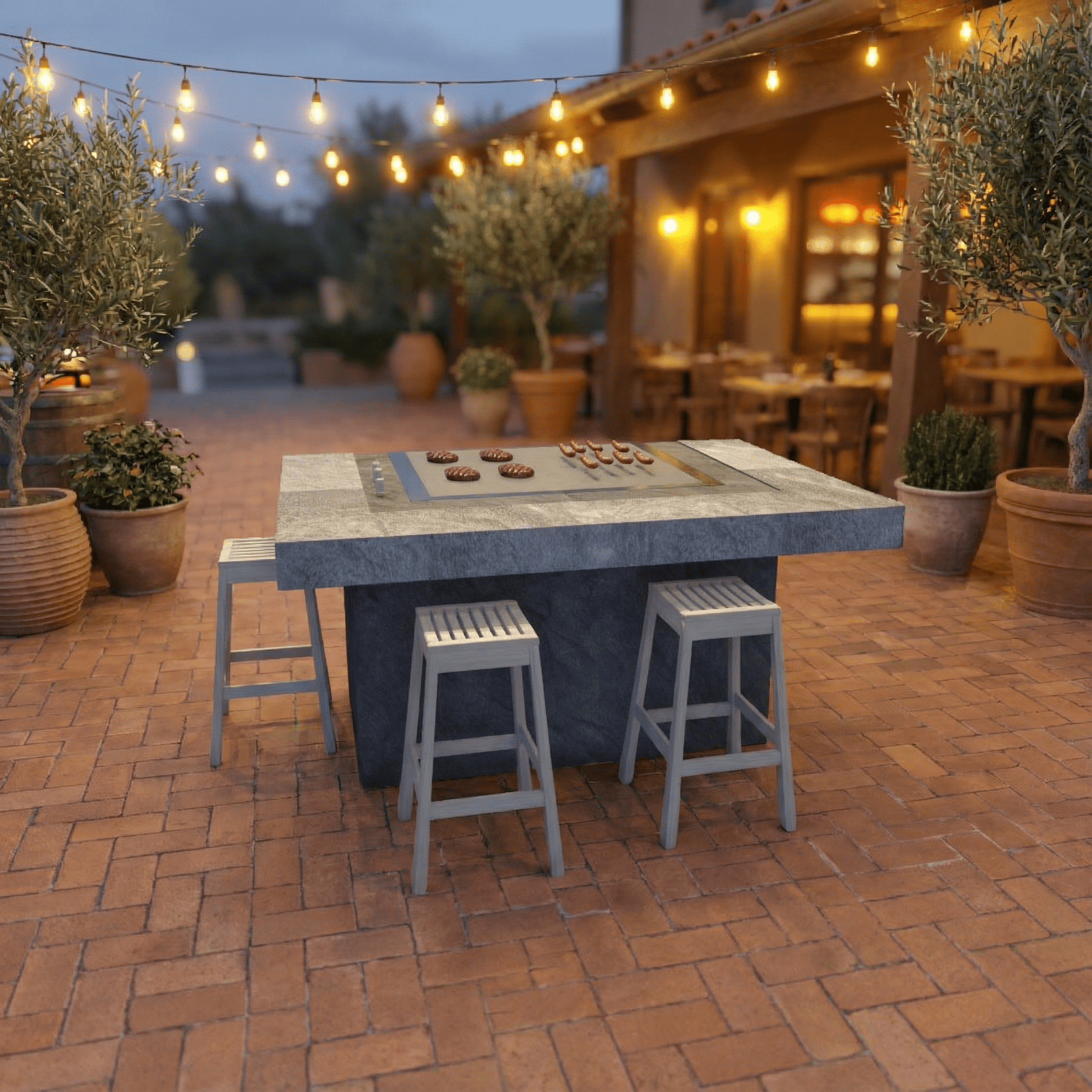 Commercial grade Outdoor Hibachi Table, In DreamCrete Roman Style Finish. 35 Colors and Finishes Available. Custom Sizes. Grill Sold Separately - Sunzout Outdoor Spaces LLC