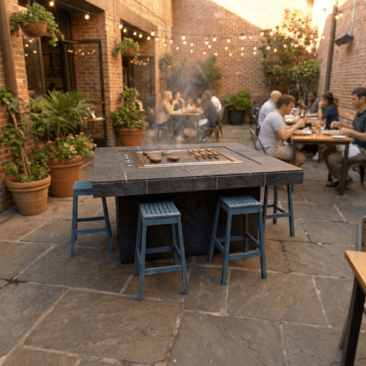 Commercial grade Outdoor Hibachi Table, In DreamCrete Roman Style Finish. 35 Colors and Finishes Available. Custom Sizes. Grill Sold Separately - Sunzout Outdoor Spaces LLC