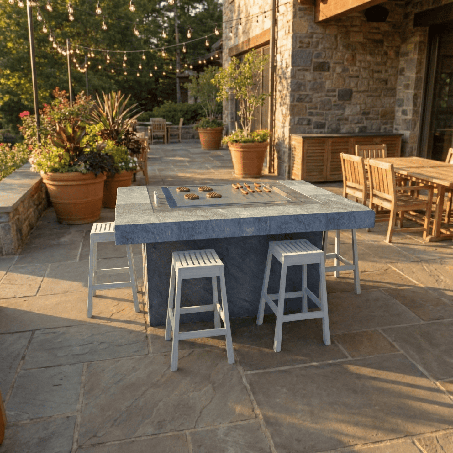 Commercial grade Outdoor Hibachi Table, In DreamCrete Roman Style Finish. 35 Colors and Finishes Available. Custom Sizes. Grill Sold Separately - Sunzout Outdoor Spaces LLC