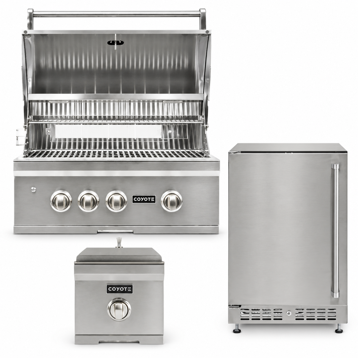 Coyote Backyard Chef Package – 30" Grill, 24" Refrigerator & Single Side Burner — included appliances on a white background
