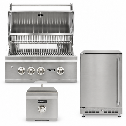 Coyote Backyard Chef Package – 30" Grill, 24" Refrigerator & Single Side Burner — included appliances on a white background