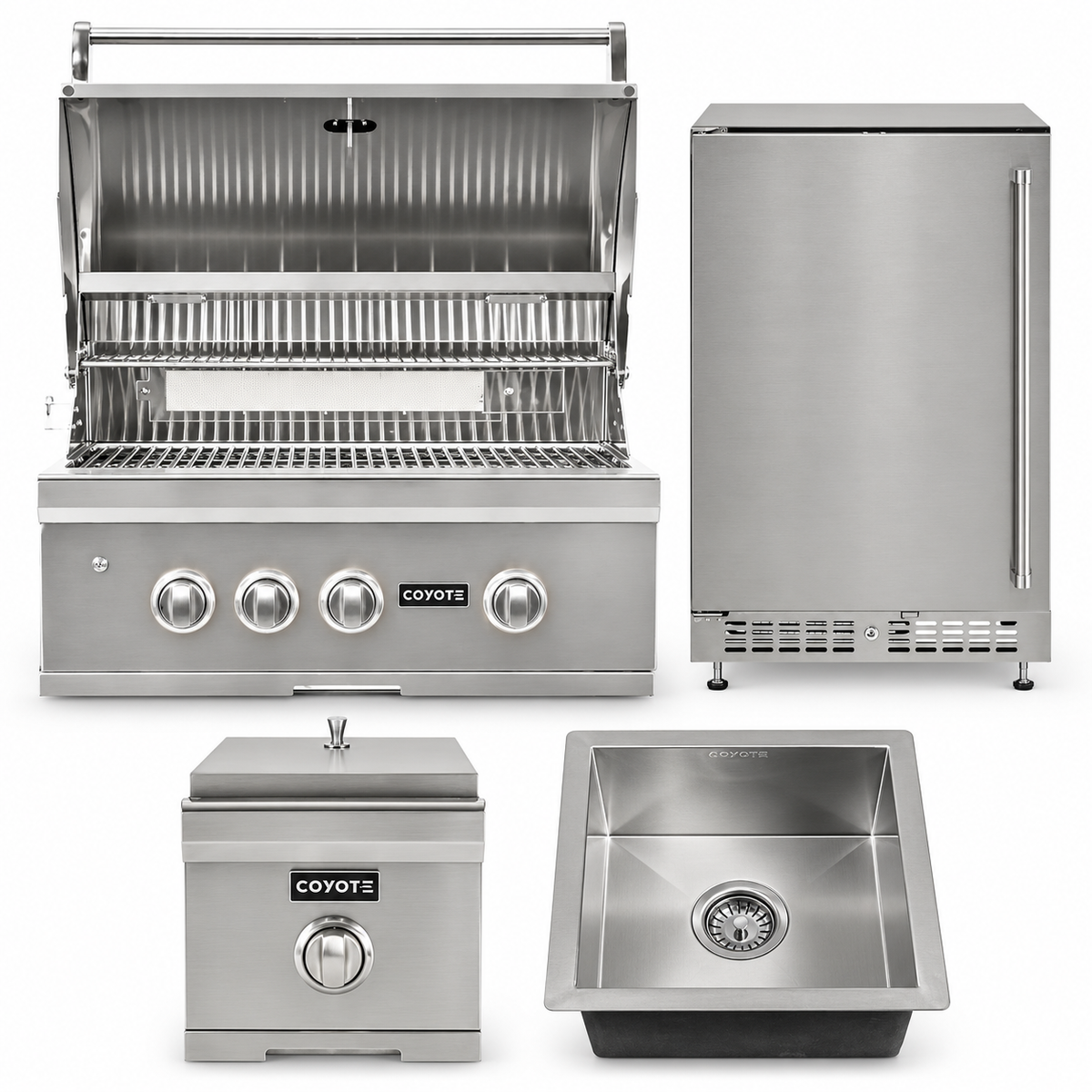 Coyote Cook & Entertain Package – 30" Grill, 24" Refrigerator, Single Side Burner & Drop-In Sink — included appliances on a white background