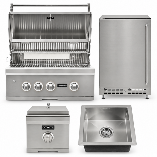 Coyote Cook & Entertain Package – 30" Grill, 24" Refrigerator, Single Side Burner & Drop-In Sink — included appliances on a white background