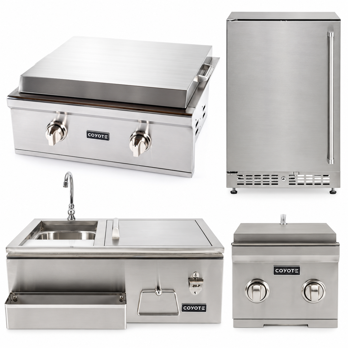 Coyote Deluxe Griddle Entertainer Package – 30" Griddle, 24" Refrigerator, Double Side Burner & 30" Refreshment Center — included appliances on a white background
