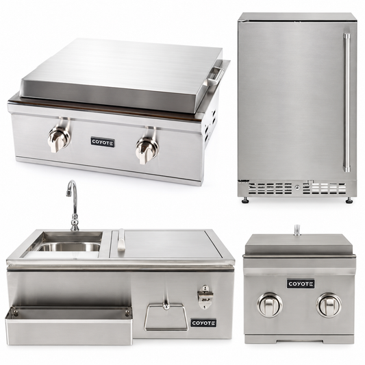 Coyote Deluxe Griddle Entertainer Package – 30" Griddle, 24" Refrigerator, Double Side Burner & 30" Refreshment Center — included appliances on a white background