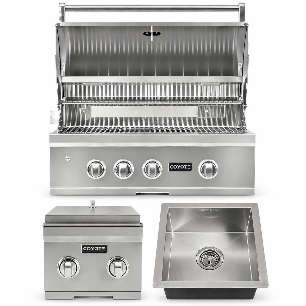 Coyote Double Duty Package – 30" Grill, Double Side Burner & Drop-In Sink — included appliances on a white background