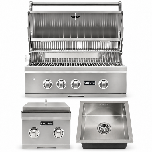 Coyote Double Duty Package – 30" Grill, Double Side Burner & Drop-In Sink — included appliances on a white background