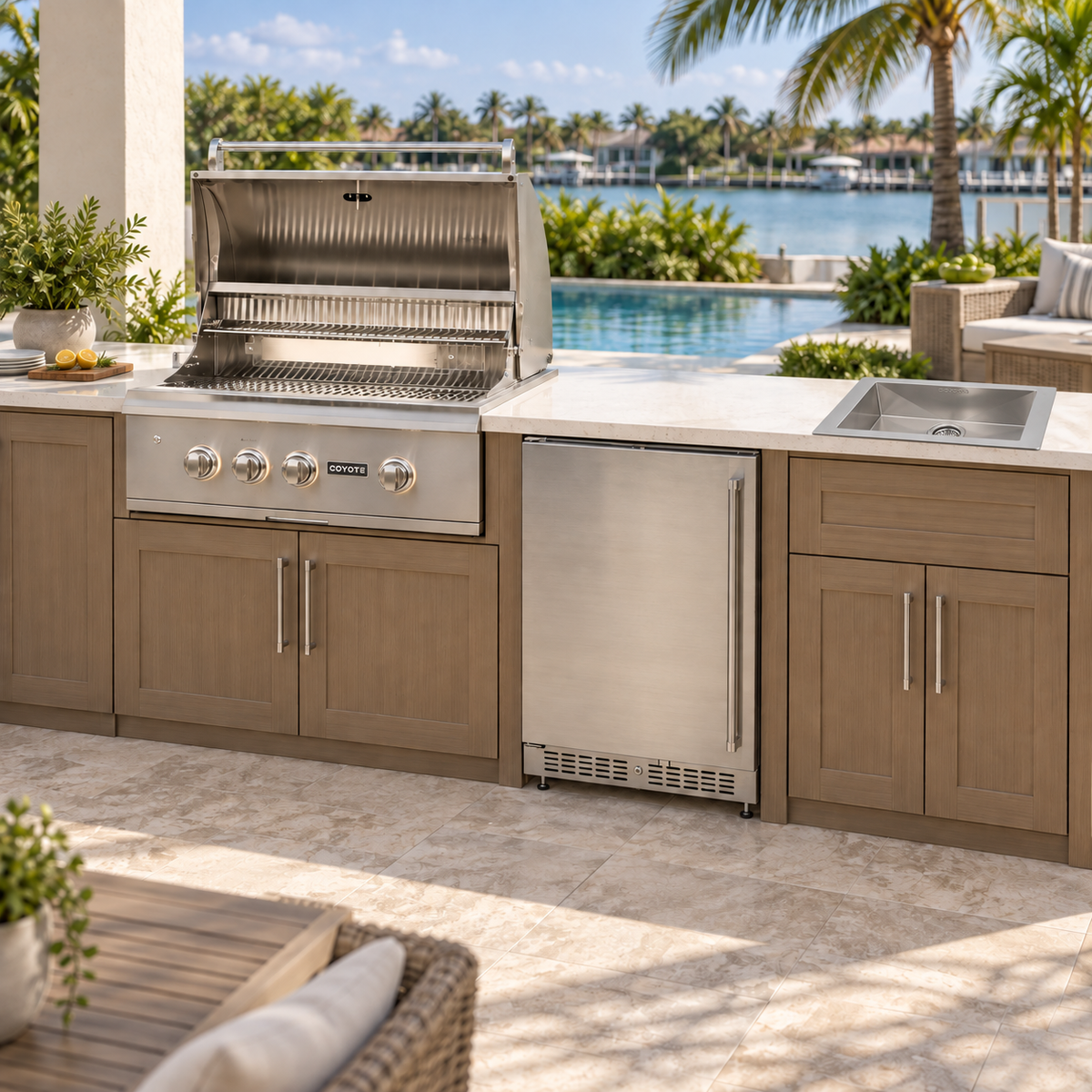 Coyote Everyday Entertaining appliances installed in a waterfront outdoor kitchen; cabinetry shown for inspiration