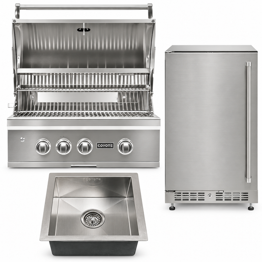Coyote Everyday Entertaining appliance package with 30-inch grill, 24-inch refrigerator and drop-in sink