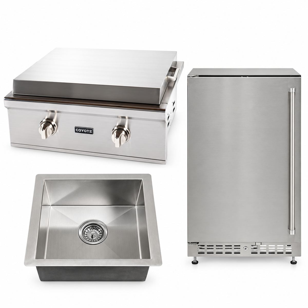 Coyote Flat Top Favorites Package – 30" Griddle, 24" Refrigerator & Drop-In Sink — included appliances on a white background