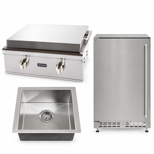 Coyote Flat Top Favorites Package – 30" Griddle, 24" Refrigerator & Drop-In Sink — included appliances on a white background