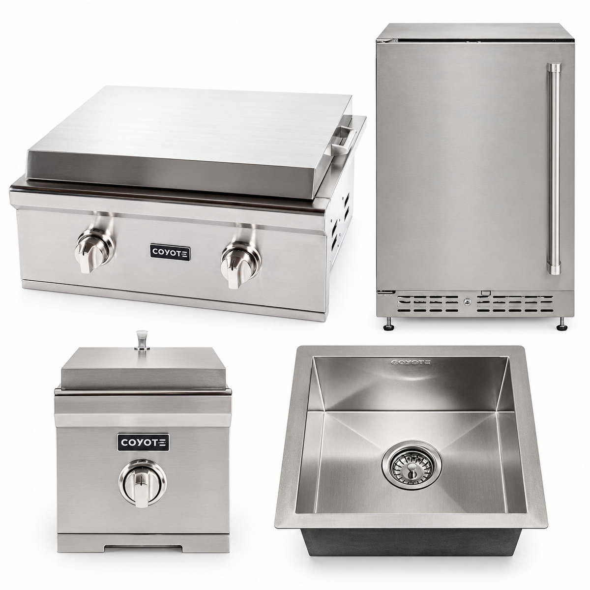 Coyote Griddle & Gather Package – 30" Griddle, 24" Refrigerator, Single Side Burner & Drop-In Sink — included appliances on a white background