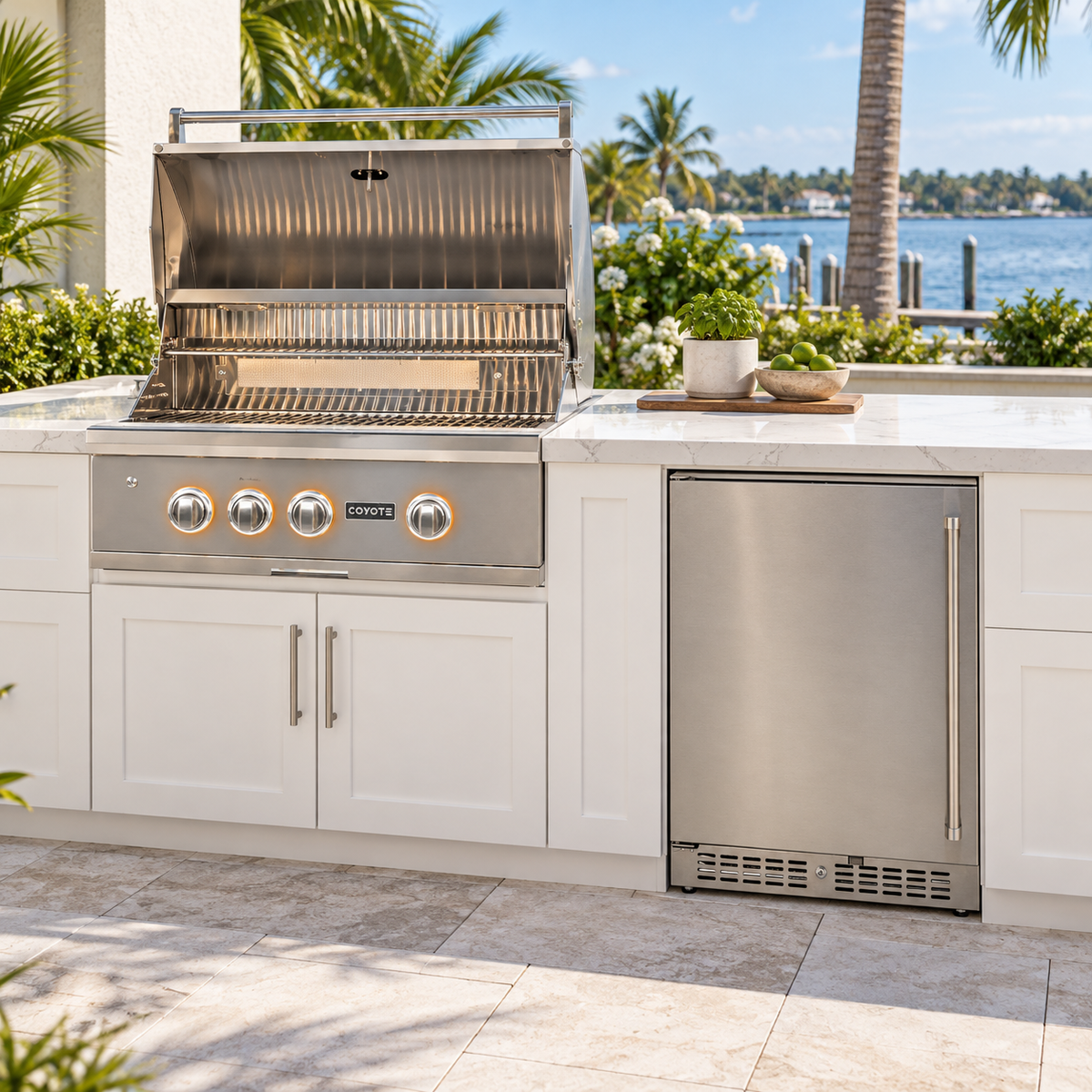 Coyote Grill & Chill Package – 30" Grill & 24" Refrigerator installed in an outdoor kitchen; cabinetry and setting shown for inspiration