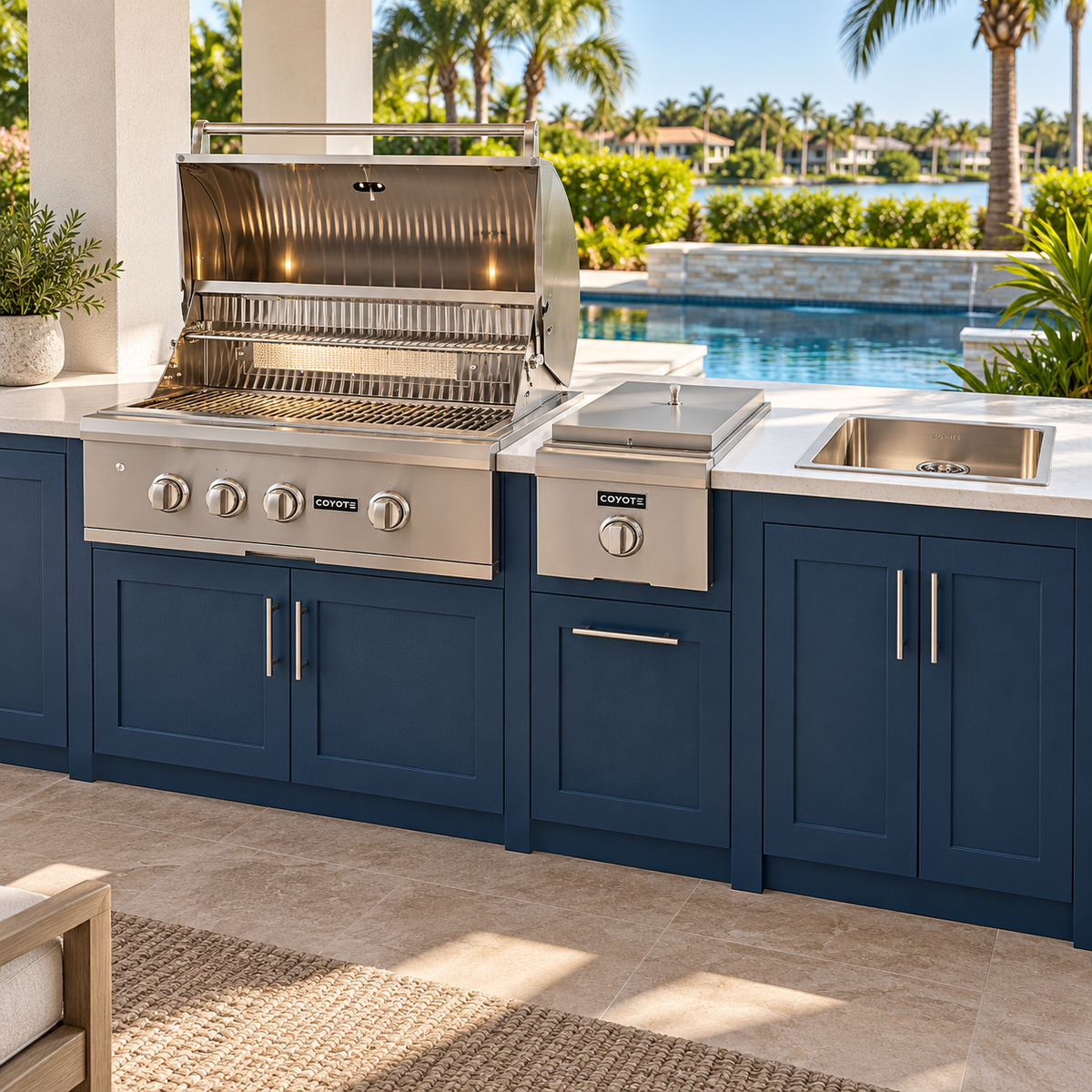 Coyote Side Dish Package – 30" Grill, Single Side Burner & Drop-In Sink installed in an outdoor kitchen; cabinetry and setting shown for inspiration
