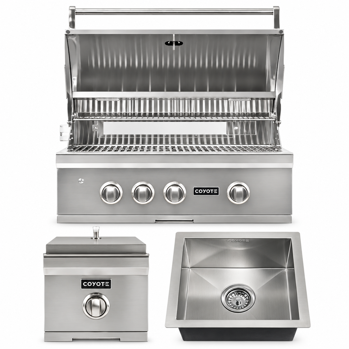 Coyote Side Dish Package – 30" Grill, Single Side Burner & Drop-In Sink — included appliances on a white background