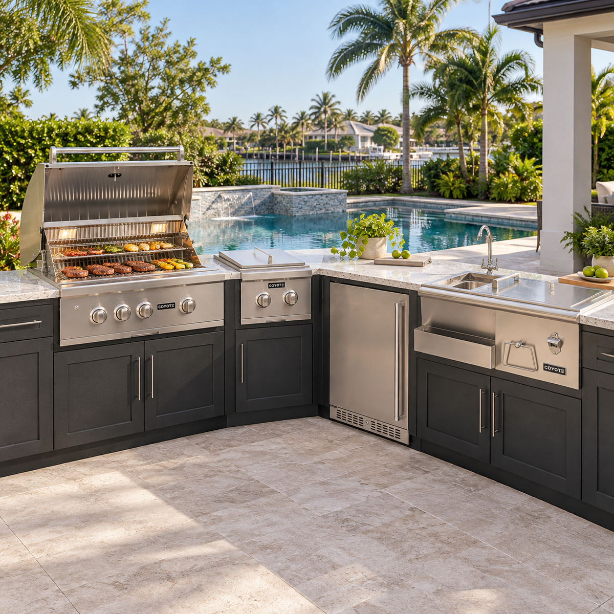 Coyote Ultimate Entertainer Package – 30" Grill, 24" Refrigerator, Double Side Burner & 30" Refreshment Center installed in an outdoor kitchen; cabinetry and setting shown for inspiration