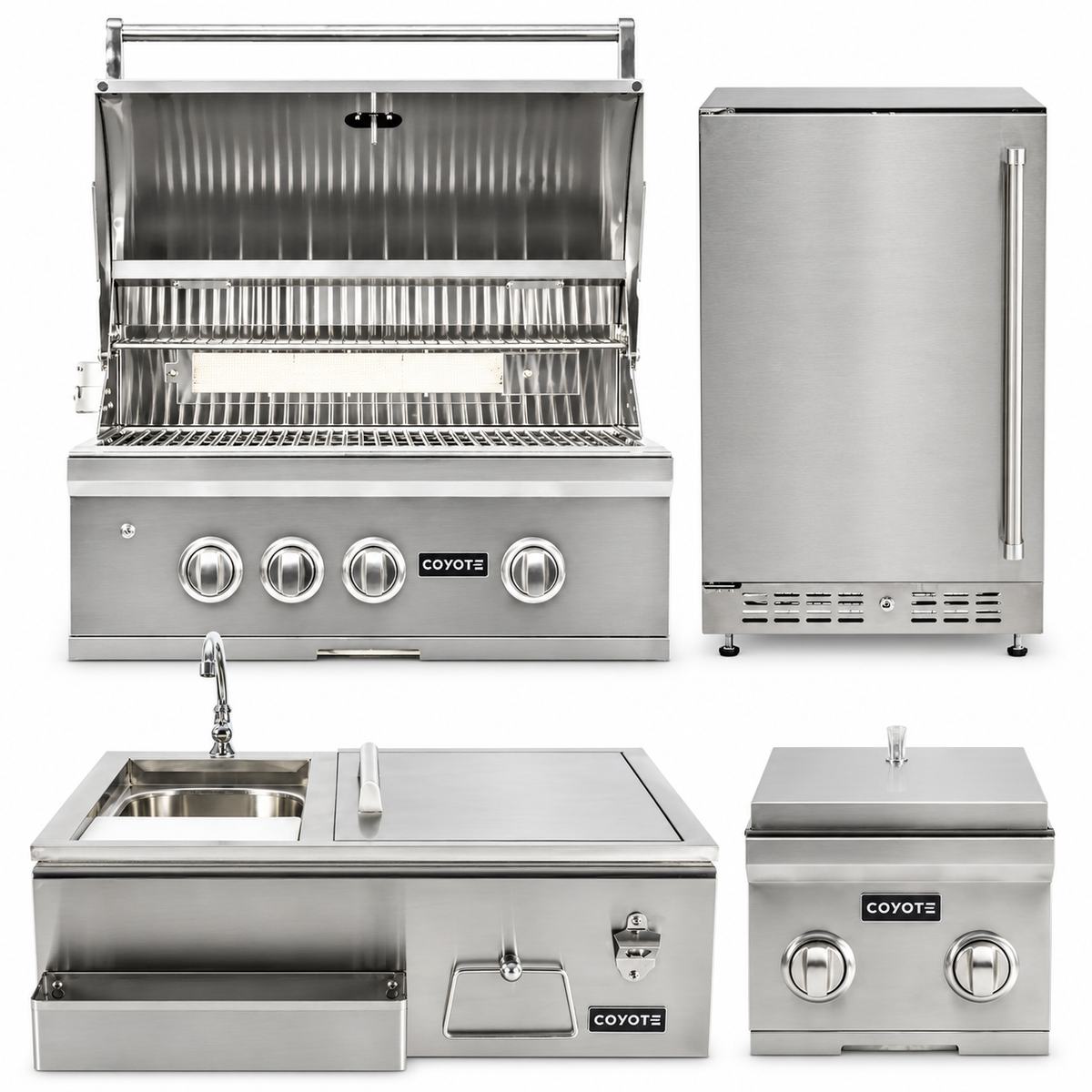 Coyote Ultimate Entertainer Package – 30" Grill, 24" Refrigerator, Double Side Burner & 30" Refreshment Center — included appliances on a white background