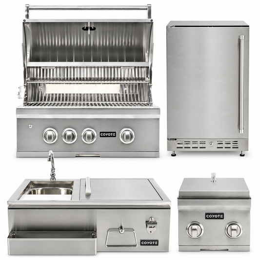 Coyote Ultimate Entertainer Package – 30" Grill, 24" Refrigerator, Double Side Burner & 30" Refreshment Center — included appliances on a white background
