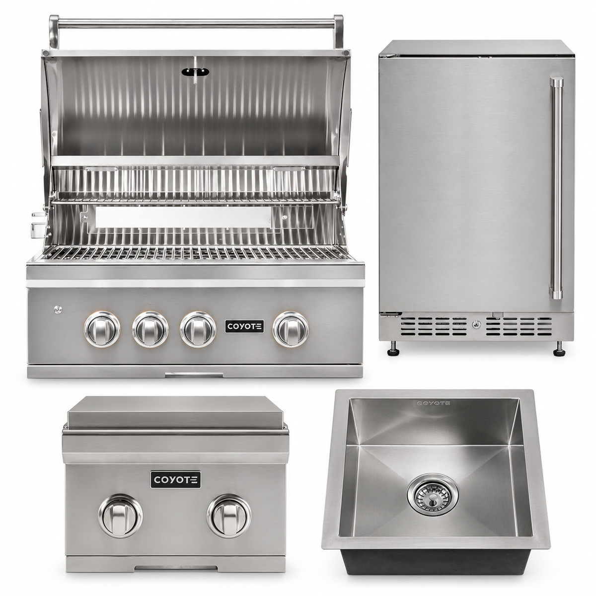Coyote Weekend Host Package – 30" Grill, 24" Refrigerator, Double Side Burner & Drop-In Sink — included appliances on a white background