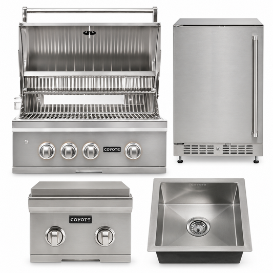 Coyote Weekend Host Package – 30" Grill, 24" Refrigerator, Double Side Burner & Drop-In Sink — included appliances on a white background