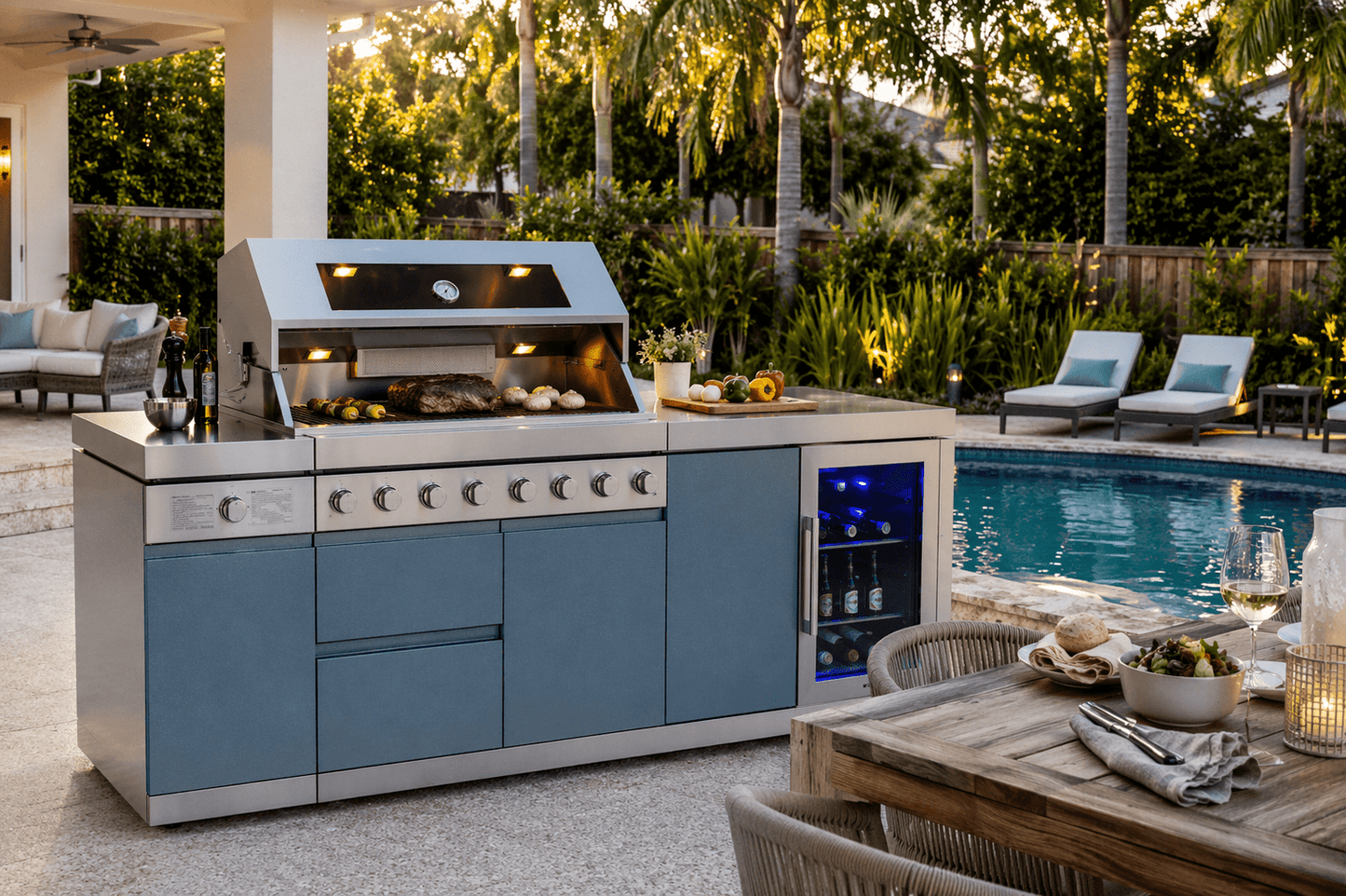 Designer Series Modular Outdoor Kitchen Island with Grill, Side Burner and Single Refrigerator - Sunzout Outdoor Spaces LLC