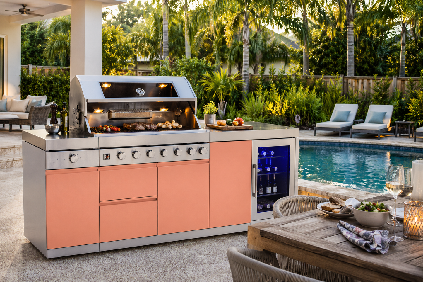 Designer Series Modular Outdoor Kitchen Island with Grill, Side Burner and Single Refrigerator - Sunzout Outdoor Spaces LLC