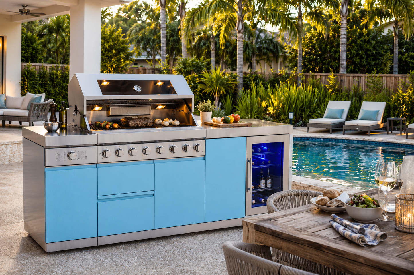Designer Series Modular Outdoor Kitchen Island with Grill, Side Burner and Single Refrigerator - Sunzout Outdoor Spaces LLC
