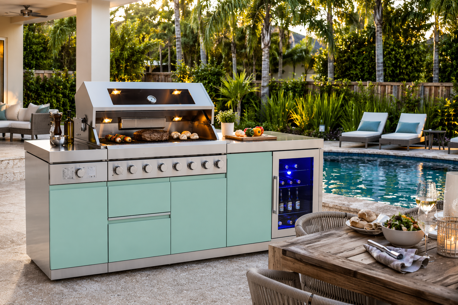 Designer Series Modular Outdoor Kitchen Island with Grill, Side Burner and Single Refrigerator - Sunzout Outdoor Spaces LLC