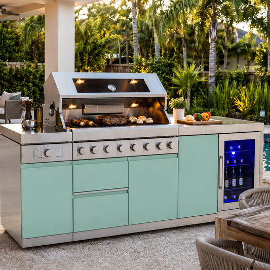 Designer Series Modular Outdoor Kitchen Island with Grill, Side Burner and Single Refrigerator - Sunzout Outdoor Spaces LLC