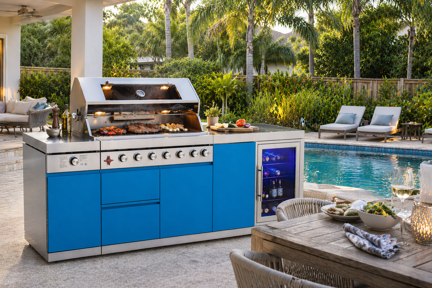 Designer Series Modular Outdoor Kitchen Island with Grill, Side Burner and Single Refrigerator - Sunzout Outdoor Spaces LLC